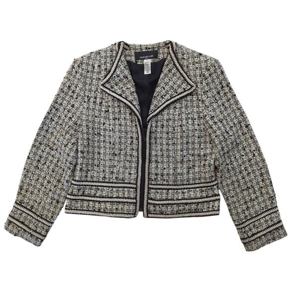 JONES NEW YORK Petite Black Cream Boucle Front Zip Jacket Blazer Womens Size 10P - Picture 1 of 7